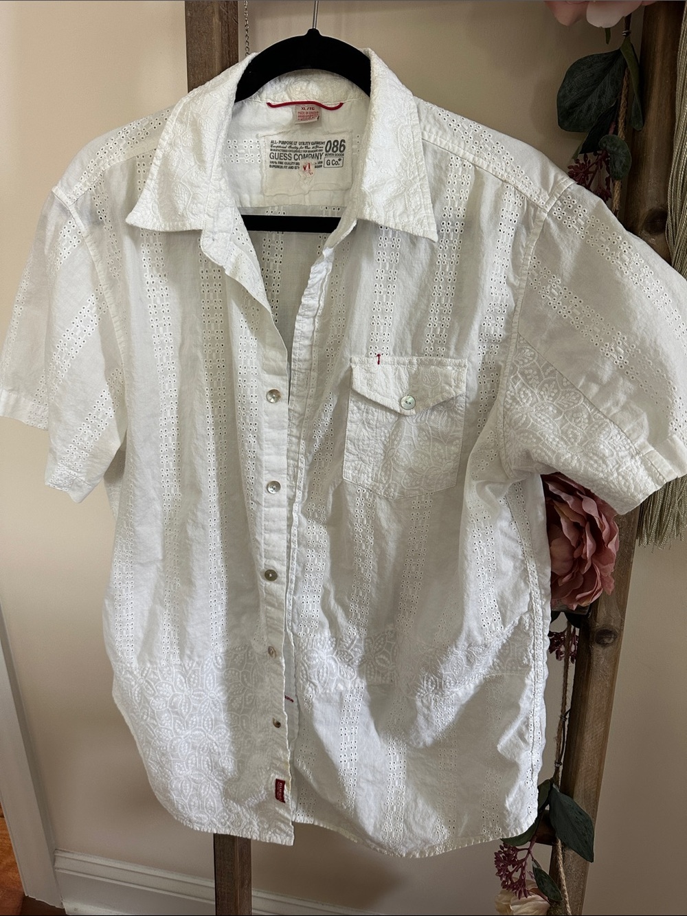 Vintage GUESS Short-Sleeve Eyelet Barong Tagalog and Abalone Button-Down Shirt